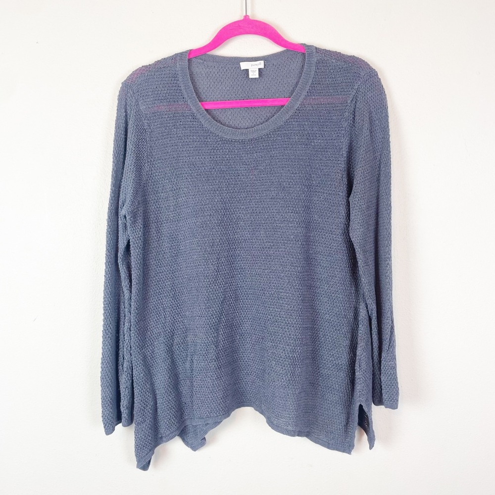 Pure Jill Petite L Blue Linen‎ Blend Long Sleeve Open Knit Sweater Lightweight